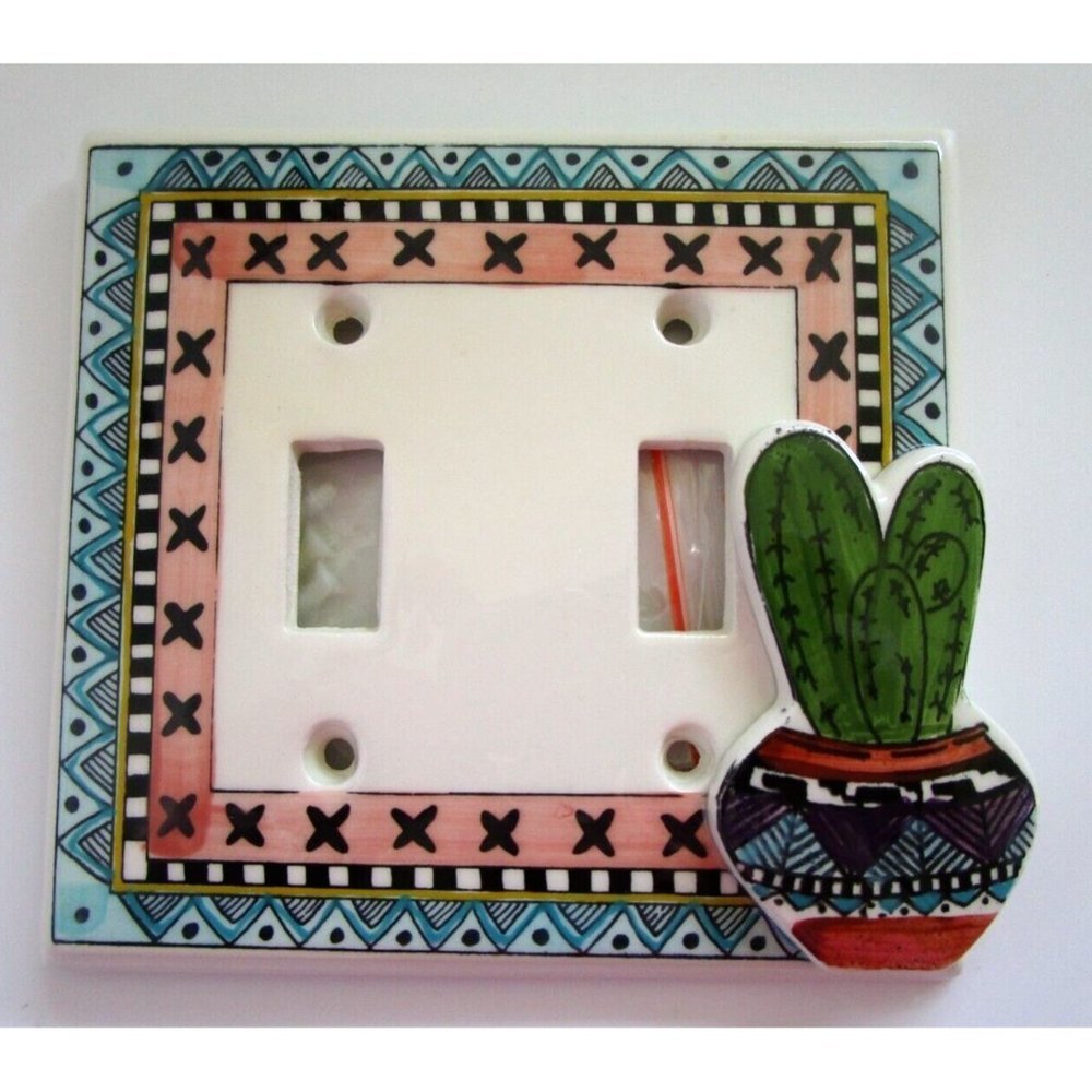 All Fired Up Handpainted Ceramic Double Electrical Outlet Switch Plate - Cactus